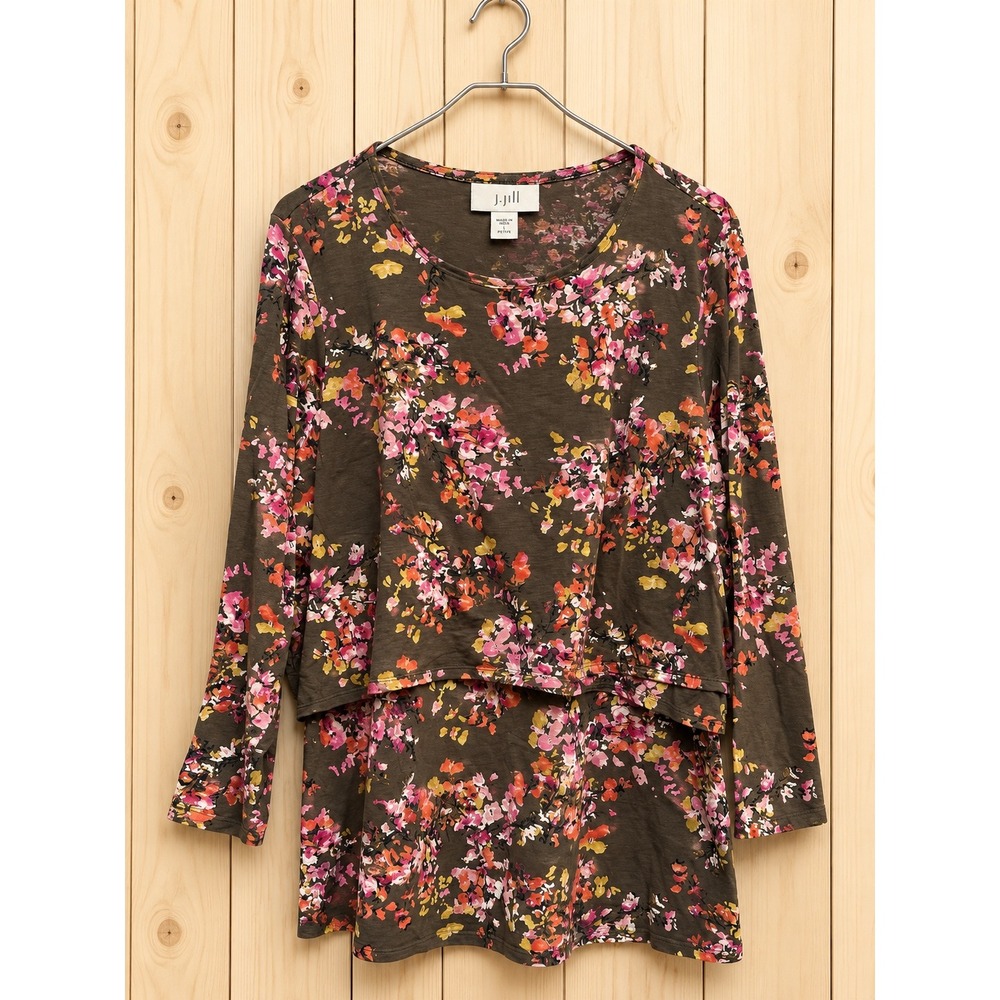 J. Jill Women Large Petite Brown Floral Layered Knit Top Long Sleeve Scoop Neck